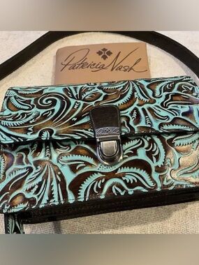 Patricia Nash Liana Turquoise and Brown Tooled Leather Crossbody